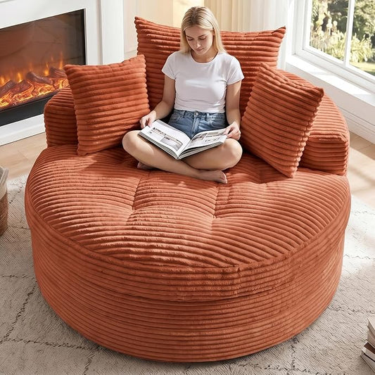 Oversized Round Chaise Lounge Chair, Deep Seat Cloud Boneless Floor Sofa Couch, Upholstered Corduroy Sleeper with 3 Pillows & Optional Ottoman, No Assembly Modern Lazy Floor Lounger for Living Room