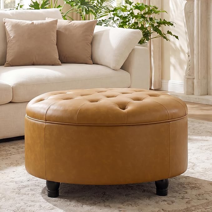 30-Inch Round Storage Ottoman, Button Tufted Ottoman Coffee Table with Removable Top for Living Room, Bedroom, Office (Bright Orange)
