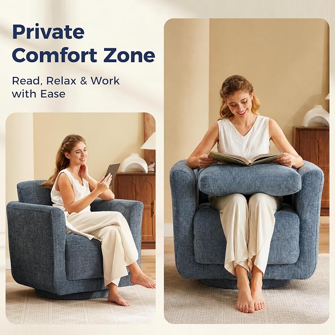 Swivel Accent Chairs Set of 2, Fully Assembled Barrel Chairs, Accent Chairs with Solid Wood Frame & Ergonomic Cushion, 360° Chenille Armchairs for Living Room & Bedroom, Blueberry Blue