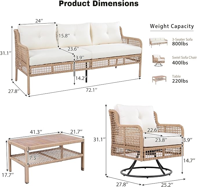 4-Piece Outdoor Wicker Sectional Sofa Set, All Weather Patio Conversation Set with 3-seater Sofa, 2 Swivel Chairs and Coffee Table, Cushions, Suitable for Poolside Backyard Deck (Beige-Swivel)