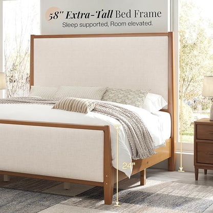 Jocisland 58" Tall Solid Wood King Size Bed Frame with Upholstered Headboard & Footboard, Wooden Platform Bedframe, No Box Spring Needed, Easy Assembly, Modern Farmhouse Style, Walnut