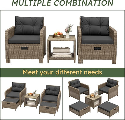 LHBcraft Outdoor Furniture 5 Piece Patio Conversation Set, PE Rattan Patio Set with Soft Cushions & Coffee Table, Outside Furniture with Hidden Ottoman for Porch, Lawn, Garden, Balcony, Black