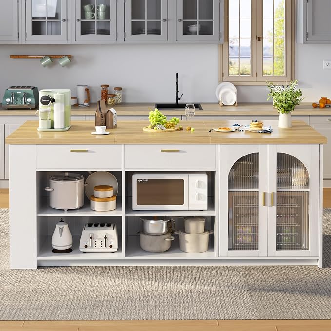 IBF 71" Large Kitchen Island with Storage, Modern Wood Island Table with Seating for 4-6, Stationary Island Cabinet with Drawers & Fridge Space, Counter Height Island Bar for Kitchen, Light Oak