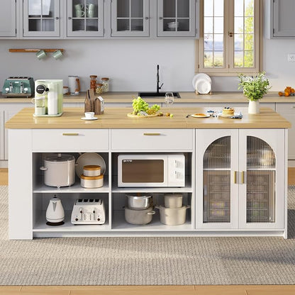 IBF 71" Large Kitchen Island with Storage, Modern Wood Island Table with Seating for 4-6, Stationary Island Cabinet with Drawers & Fridge Space, Counter Height Island Bar for Kitchen, Light Oak
