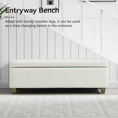 WUTUTUEE 51" Faux Leather Storage Ottoman, Stitch Tufted Rectangle Upholstered End of Bed Storage Bench, Entryway Large Couch Ottoman with Wooden Legs,White