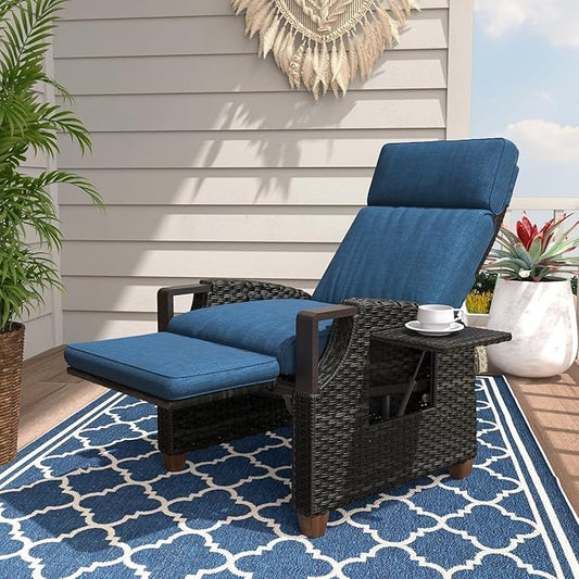Grand patio Outdoor Recliner with Independent Adjustable Back and Footrest, Air Pump 150° Lay Flat Reclining Chair Removable Olefin Cushion Flip-Up Table Wicker Peacock Blue 1PC