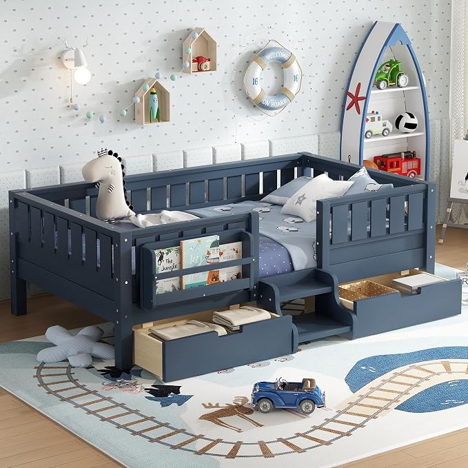 Bellemave Twin Floor Bed with Stairs, Rails and Slats, Twin Size Montessori Floor Bed with Bookshelf and 2 Storage Drawers, Easy Assemble Montessori Beds Frame for Girls, Boys, Blue