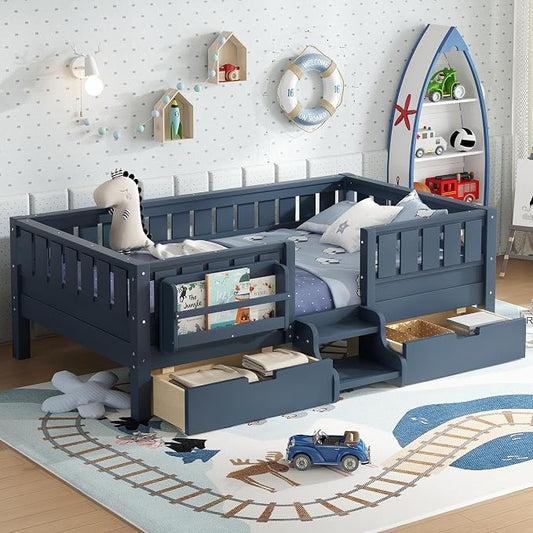 Bellemave Twin Floor Bed with Stairs, Rails and Slats, Twin Size Montessori Floor Bed with Bookshelf and 2 Storage Drawers, Easy Assemble Montessori Beds Frame for Girls, Boys, Blue
