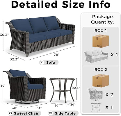 4 Pieces Patio Conversation Furniture Set - 1 Sofa, 2 Swivel Chairs, 1 Side Table, Outdoor Wicker Furniture with Removable Cushions for Porch, Balcony, Sunroom (Blue)