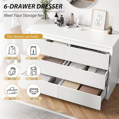 Jocoevol 6 Drawer Fluted Dresser, Modern Chest of Drawers for Bedroom with Hidden Handles, Wood Storage Organizer Cabinet for Living Room & Entryway, White (15.7" D x 47.3" W x 31.6" H)