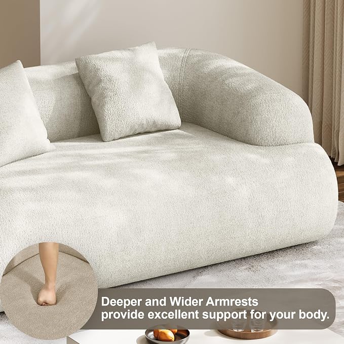 Half Moon Curved Sectional Sofa with 2 Throw Pillows, Modern Style 2-Seater Chenille Leisure Couch with Curved Backrest, Easy Assembly, for Apartment, Living Room, Bedroom, Cream White（76 inch）