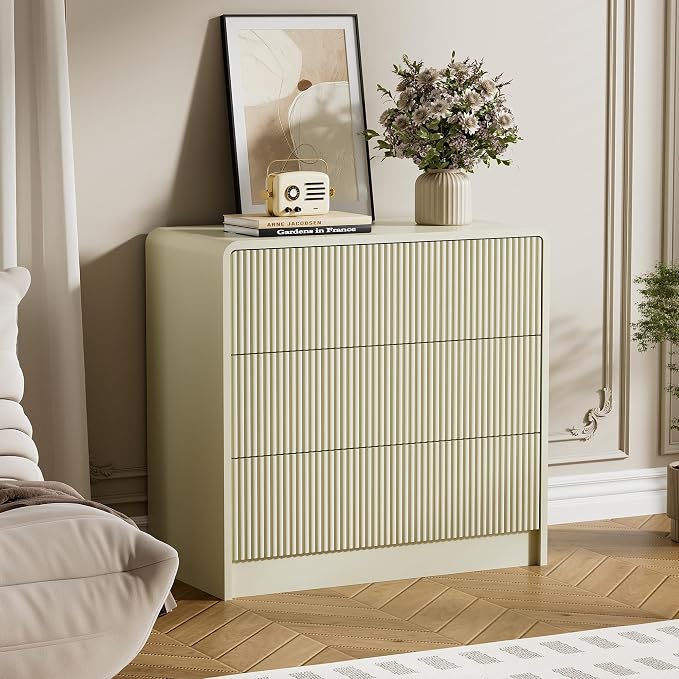Furniway Beige 3 Drawer Dresser, 32" Wide Wood Chest of Drawers with Curved Design, Modern Fluted Dresser with Push-to-Open Storage for Bedroom