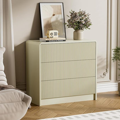 Furniway Beige Nightstands Set of 2, 32" Modern 3 Drawer Bedside Table with Storage, Large Night Stand for Bedroom