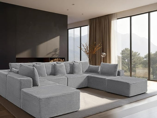 138" Cloud Sectional Couch, Comfort U Shaped Sofa for Living Room, Extra Deep Seats No Assembly, Minimalist Modular Couch, Corduroy (Light Grey, 8 Seats,U-Shape A)
