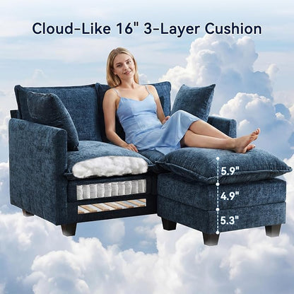 L-Shape Loveseat Sofa Couch with Ottoman, Small 50" Love Seat 27" Deep Cloud Sofa Washable Chenille Pillow for Apartment Bedroom Dorm Attic Studio Office Living Room Small Space 8833-BLUE-L