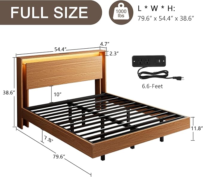 Full Size Bed Frame with LED Lights & Charging Station – Kids Wood Floating Bed Frame with Storage Headboard, Adhesive Slats, Kick-Free & Noise-Free Design, Easy Assembly, Walnut