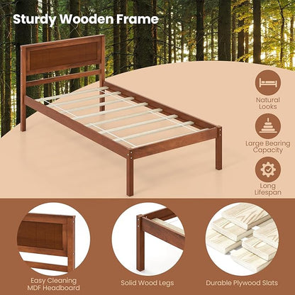 Giantex Twin Bed Frames with Headboard, Solid Wood Platform Bed with Wood Slat Support, Single Bed with 16" Under Bed Storage, Twin Bed Frames for Kids Adults Guests, Easy Assembly, Walnut