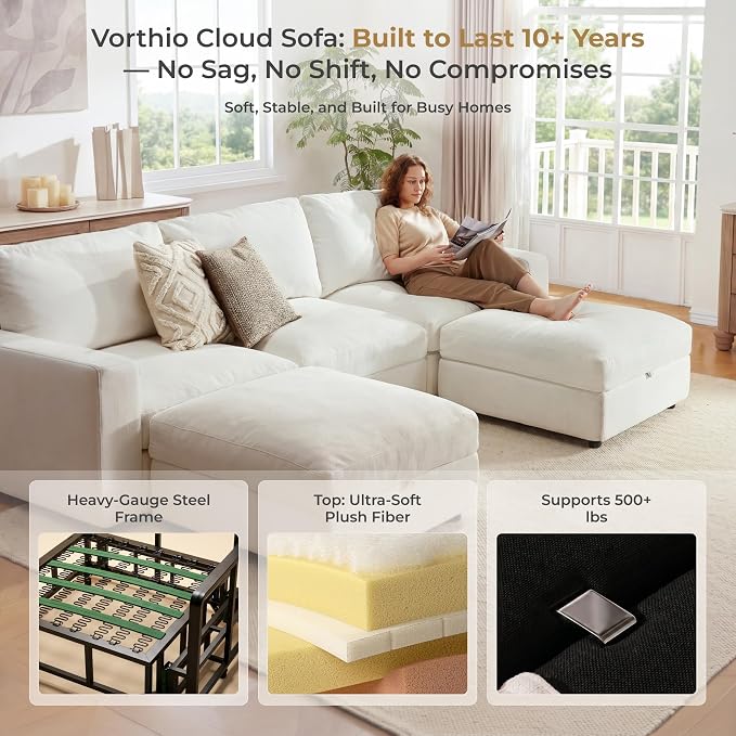 Cloud Couch Sectional 113.8'' Oversized Modular Deep Seat Sofa U Shaped Comfy White Cloud Couch with Washable Cover for Living Room 3 Seat & 2 Ottoman