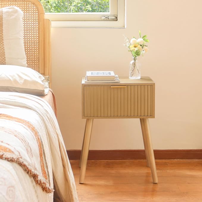AWASEN Nightstand, Small End Tables Living Room, Accent Bedside Side Table with Fluted Drawer for Bedroom and Small Space, Rustic Walnut
