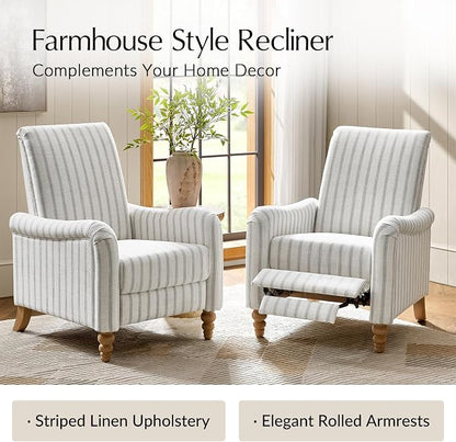 HULALA HOME Farmhouse Recliner Chair with Solid Wood Spindle Legs, Striped Push Back Recliner Armchair with Adjustable Backrest & Footrest, Comfy High Back Lazyboy Single Sofa for Living Room, Grey