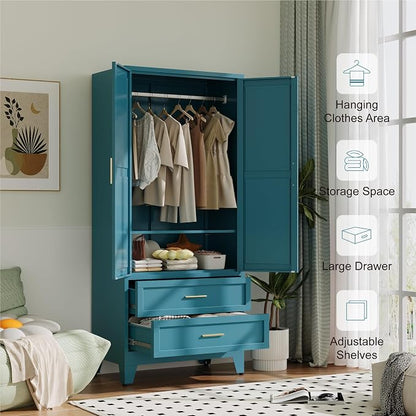 Baborokic Metal Wardrobe Cabinet with Hanging Rod, 71" Armoire Wardrobe Closet with 2 Drawers,Farmhouse Metal Clothing Storage Cabinets with Door and Adjustable Shelves for Bedroom,Laundry Room(Blue)