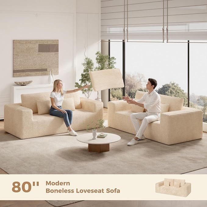 Luxanimarion 80'' Modern Cloud Loveseat Sofa, No Assembly Required Deep Seat Comfy Small Couches Includes 2 pcs Pillows for Living Room, Bedroom, Apartment(Khaki)