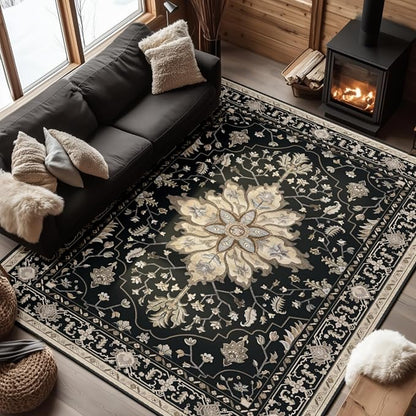 RELEANY Area Rugs 7'x9' Washable Non-Slip, Floral Vintage Distress Medallion Carpet for Living Room Bedroom Dining Room, Black Brown Neutral Dark Tan