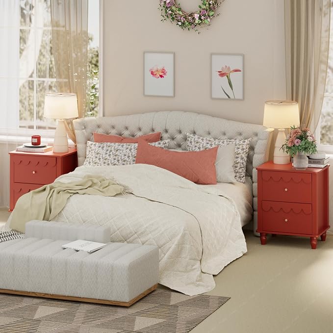Anbuy Red Nightstand with Petal Pattern, Modern Night Stand with 2 Drawers for Bedroom, Side End Table Scalloped Bedside Night Tables with Solid Wood Legs
