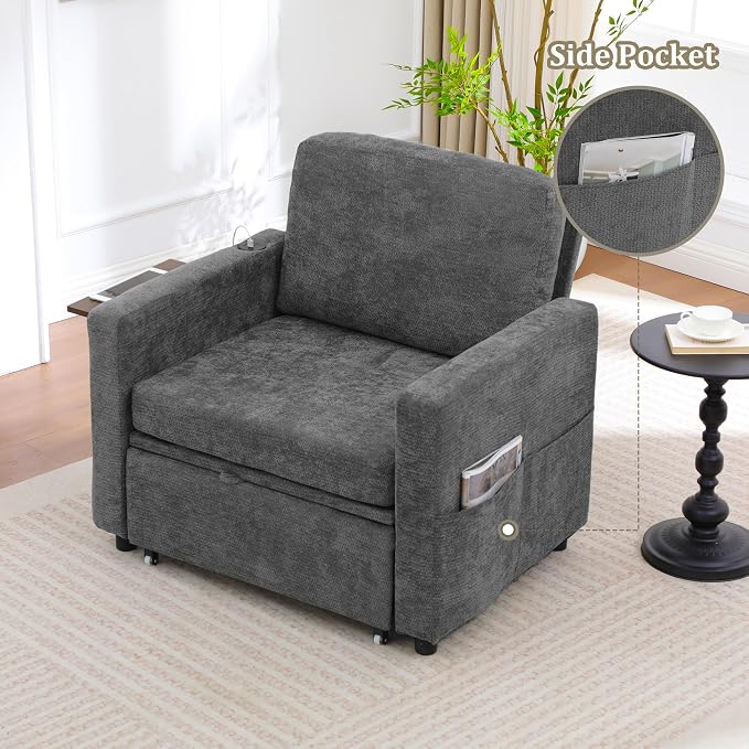 3 in 1 Folding Convertible Sleeper Sofa Bed Pull Out Couch with Side Pockets Side Table USB Port Single Sofa Bed with Adjustable Backrest for Living Room Bedroom Office 66" Darkgrey 1 SEAT