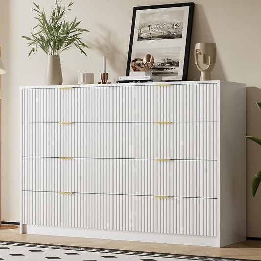 Furniway White 8 Drawer Dresser for Bedroom, Modern Dresser with Smooth Slides, Wide Chest of Drawers with Golden Handles for Bedroom, Living Room, Closet, 15.7" D x 55" W x 37.4" H