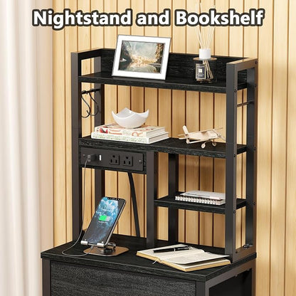 Furnulem Tall Nightstand, LED Night Stand with Charging Station and USB Ports, 4 Fabric Drawers and 4 Tier Storage Shelf, Nightstands Bedside Tables for Bedroom, Dorm, Office (Black Oak)