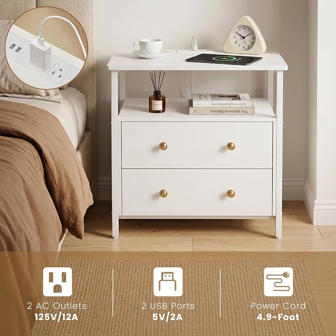 Edbuosy 27 inch Wide Night Stand with Charging Station, Bedside Table with Open Shelf, 2 Drawers Small Wood Dresser, Modern Wood Nightstand for Bedroom/Living Room, White