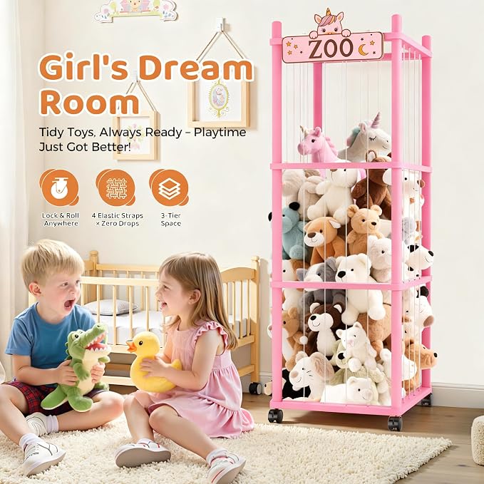 Stuffed Animal Storage Zoo Tower,56In Wooden Large Stuffed Animal Holder Organizer with Wheels,Stuffy Plushies Storage with Elastic Band&Mesh Bottom,Toy Organizers for Playroom Nursery（Pink）