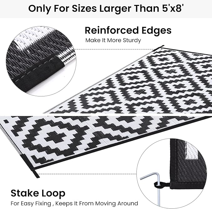 Smiry Waterproof Outdoor Rug 10X14 ft, Reversible Plastic Straw Patio Camping Rugs, Outdoor Indoor RV Mat Carpet for Patio, Outside Entry, Backyard, Deck, Bench, Picnic, Camper, Black & White