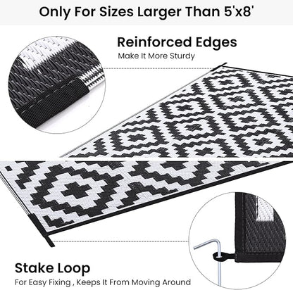 Smiry Waterproof Outdoor Rug 10X14 ft, Reversible Plastic Straw Patio Camping Rugs, Outdoor Indoor RV Mat Carpet for Patio, Outside Entry, Backyard, Deck, Bench, Picnic, Camper, Black & White