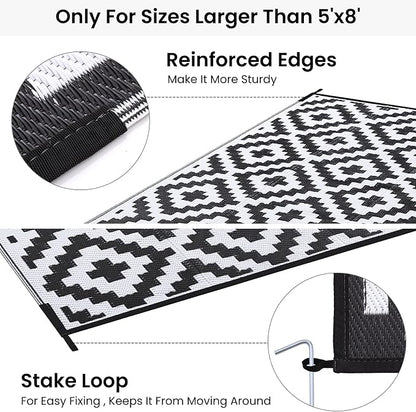 Smiry Waterproof Outdoor Rug 8x10 ft, Reversible Plastic Straw Patio Camping Rugs, Outdoor Indoor RV Mat Carpet for Patio, Outside Entry, Backyard, Deck, Bench, Picnic, Camper, Black & White