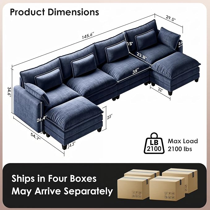 Marsail Modular Sectional Sofa 145.6" U-Shaped Modern Comfy Cloud Couch, 6-Seat Chenille Deep Seat Sofa with Throw Pillow & Movable Ottoman for Living Room, Bedroom and Apartment, Blue