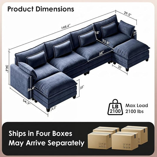 Marsail Modular Sectional Sofa 145.6" U-Shaped Modern Comfy Cloud Couch, 6-Seat Chenille Deep Seat Sofa with Throw Pillow & Movable Ottoman for Living Room, Bedroom and Apartment, Blue