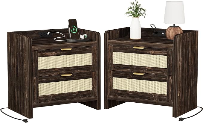 Luoxiao Nightstand Set of 2 with Charging Station - 4 Outlets & 4 USB Ports, Rattan Drawers Side Table, Boho Wood Bedside Tables End Table for Bedroom, Small Space, Easy Assembly (15.4"x23.6"x21.5")
