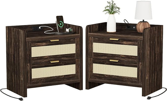 Luoxiao Nightstand Set of 2 with Charging Station - 4 Outlets & 4 USB Ports, Rattan Drawers Side Table, Boho Wood Bedside Tables End Table for Bedroom, Small Space, Easy Assembly (15.4"x23.6"x21.5")