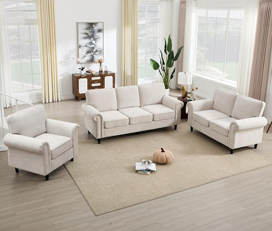 Kingfun Loveseat 2&3 Seater Couch with Chair, Mid Century Modern Chenille Sofa Set with Rolled Arms and Deep Seats, Fluffy Comfort for Living Room, Apartment, Easy Assembly, Beige