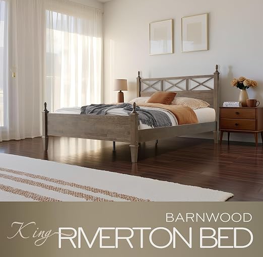 King Size Solid Wood Bed Frame, Platform Bed with Headboard & Footboard, 12 Heavy-Duty Slatted Base with Metal Legs, No Box Spring Needed, Noise-Free & Anti-Slip, Easy Assembly, Barnwood Finish RIK-30