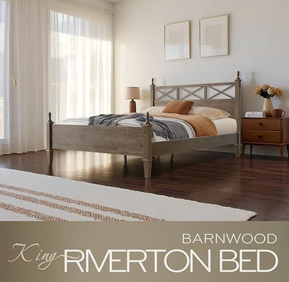 King Size Solid Wood Bed Frame, Platform Bed with Headboard & Footboard, 12 Heavy-Duty Slatted Base with Metal Legs, No Box Spring Needed, Noise-Free & Anti-Slip, Easy Assembly, Barnwood Finish RIK-30