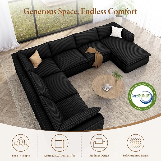 Vesgantti 141.7" Oversized Sectional Boneless Couch, Modern 7 Seater Modular Sofa with Chaise, Deep Seat Convertible Plush Corduroy Cloud Couches for Living Room, No Assembly Required, Black