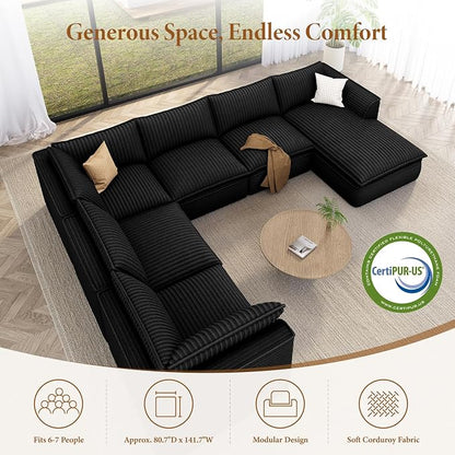 Vesgantti 141.7" Oversized Sectional Boneless Couch, Modern 7 Seater Modular Sofa with Chaise, Deep Seat Convertible Plush Corduroy Cloud Couches for Living Room, No Assembly Required, Black