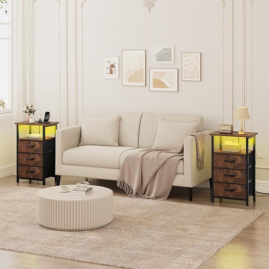 Vagusicc Night stand Set 2 with Charging Station, LED Nightstand for Bedroom, Bedside Table with 3 Fabric Drawer, End Table Side Table with USB Port & Outlets, Bed Side Table for Bedroom, Rustic Brown
