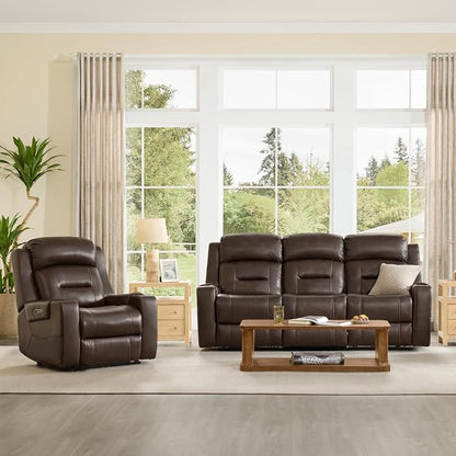 Watson & Whitely Genuine Leather Power Reclining Sofa, 3-Seater Lay Flat Recliner Sofa with Power Headrest, Cup Holders, USB & Type-C Ports, Electric Reclining Couch for Living Room, Dark Brown