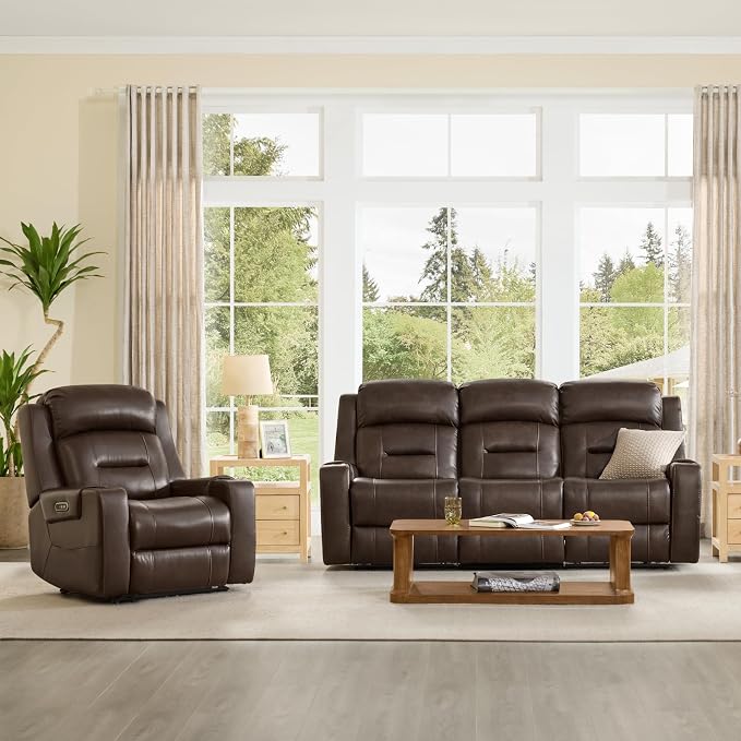 Watson & Whitely Genuine Leather Power Loveseat and Recliner Sofa Set, Lay Flat Reclining Couch with Console, Power Headrest, USB & Wireless Charging, Cup Holders for Living Room, Dark Brown