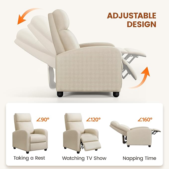 Topeakmart Fabric Recliner Sofa Push Back Recliner Chair Adjustable Modern Single Reclining Chair Upholstered Sofa with Pocket Spring Living Room Bedroom Home Theater Beige