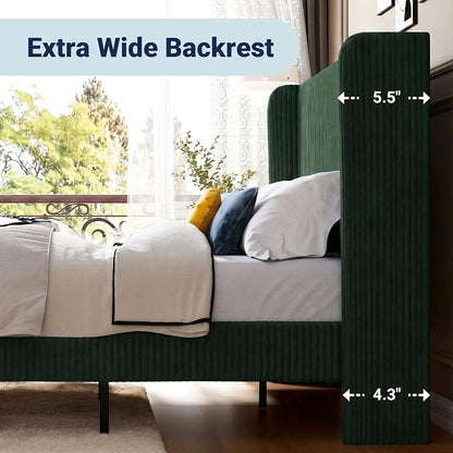 Allewie Queen Size Bed Frame with Upholstered Wingback Headboard, Vertical Channel Tufted Corduroy Velvet Platform Bed, Strong Wooden Slats Support, No Box Spring Needed, Easy Assembly, Dark Green